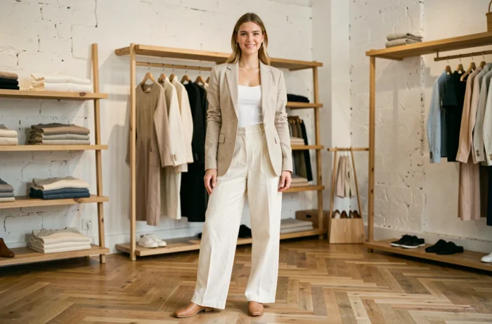 Femme élégante en blazer beige et pantalon large crème dans une boutique de mode parisienne aux murs en plâtre blanc