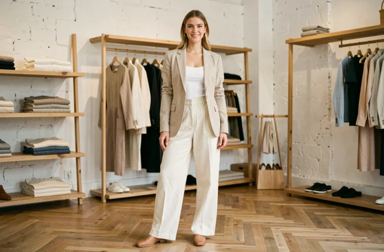 Femme élégante en blazer beige et pantalon large crème dans une boutique de mode parisienne aux murs en plâtre blanc