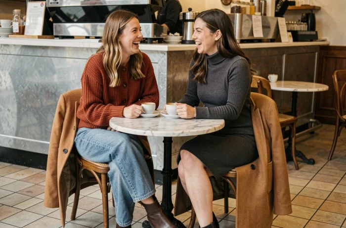 Deux femmes élégamment habillées en tenues automnales complémentaires riant ensemble dans un café parisien au décor vintage