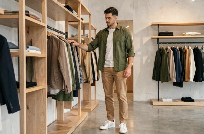 Homme stylé en overshirt olive et chino sable explorant des vêtements dans un concept store minimaliste, tendances mode homme