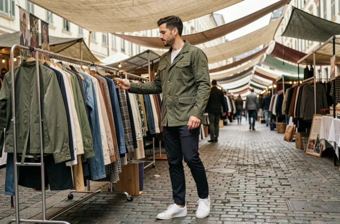 Homme en veste utilitaire verte explorant un marché de mode en plein air sur pavés dans une ville européenne