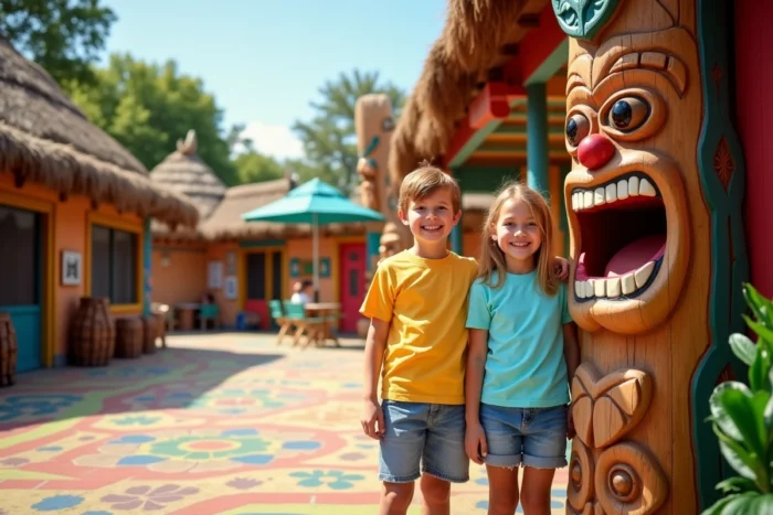 Deux jeunes visiteurs souriants devant les totem et décors colorés de la zone Tiki-Waka de Walibi Belgique
