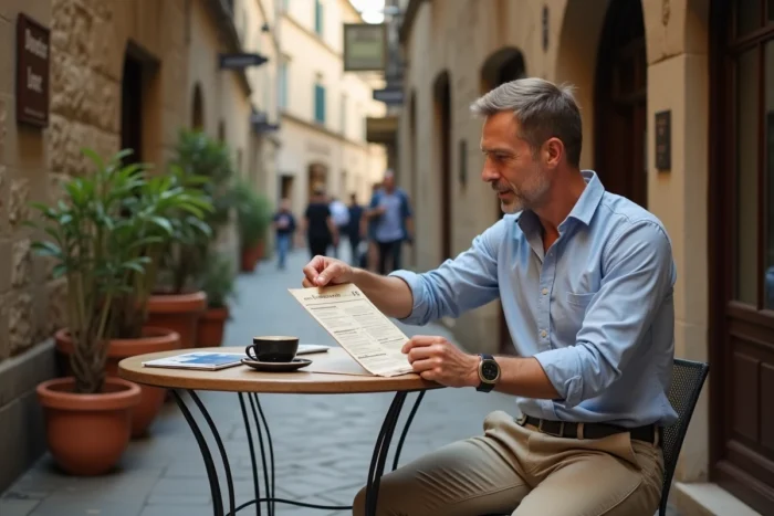 Touriste consultant un outil de traduction sur tablette pour lire un menu en langue étrangère dans un café européen
