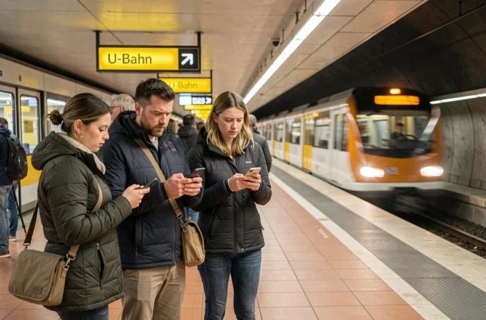 Groupe de touristes désorientés consultant leurs téléphones sur un quai du U-Bahn de Berlin