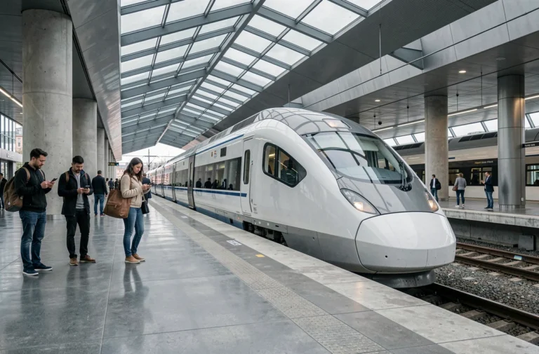 Train électrique à grande vitesse arrivant dans une gare urbaine moderne en 2024, illustrant les innovations dans le secteur ferroviaire