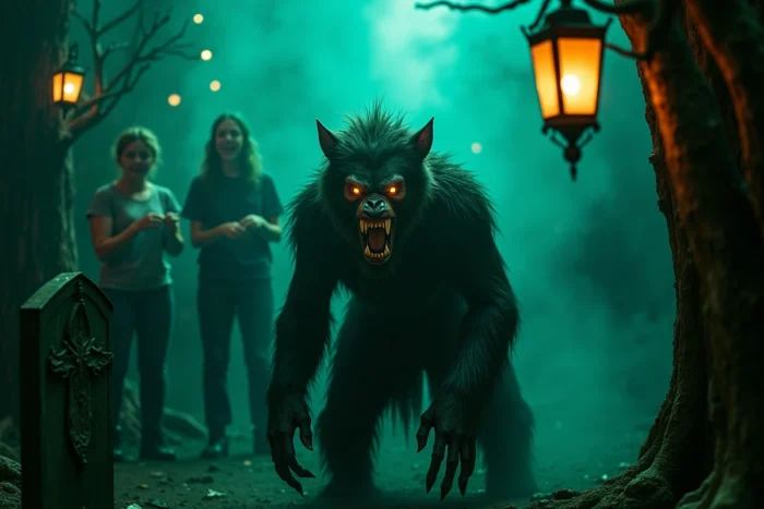 Un comédien déguisé en loup-garou dans la zone Vampiro Scare Zone lors de la saison Halloween de Walibi Belgique
