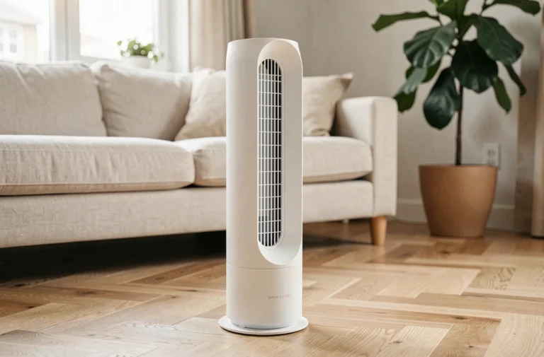 Ventilateur colonne blanc Confort Line WCF-03S posé sur parquet en chêne dans un salon scandinave moderne
