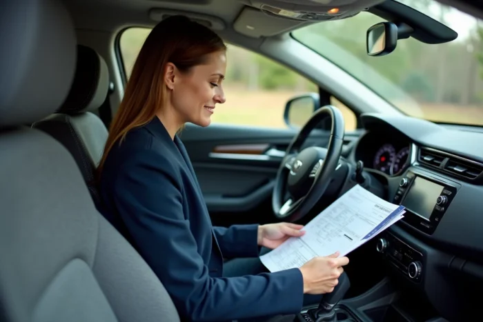 Femme vérifiant le rapport d'historique d'un véhicule d'occasion à l'intérieur d'un SUV