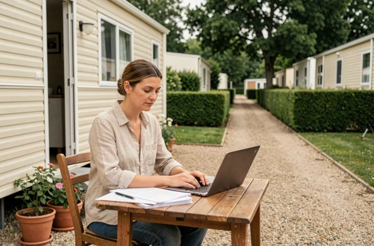 Femme gérant des démarches administratives devant son mobil-home dans un camping résidentiel à l'année