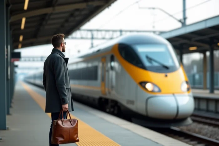 Voyageur attendant l'arrivée d'un TGV sur un quai de gare moderne en France