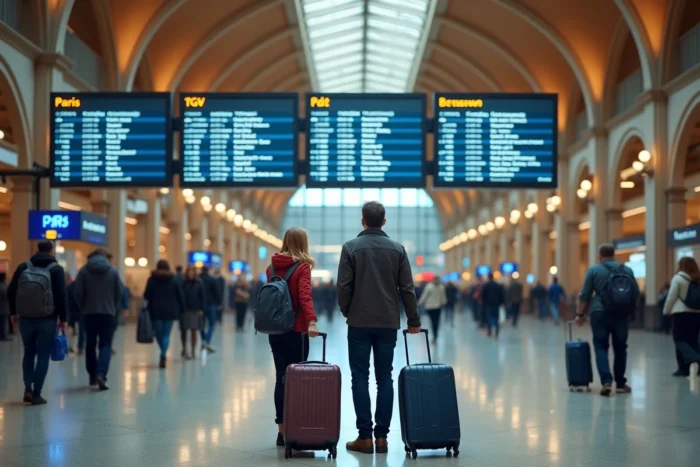 Deux voyageurs consultant le tableau des départs dans une grande gare internationale pour choisir entre Eurostar et TGV