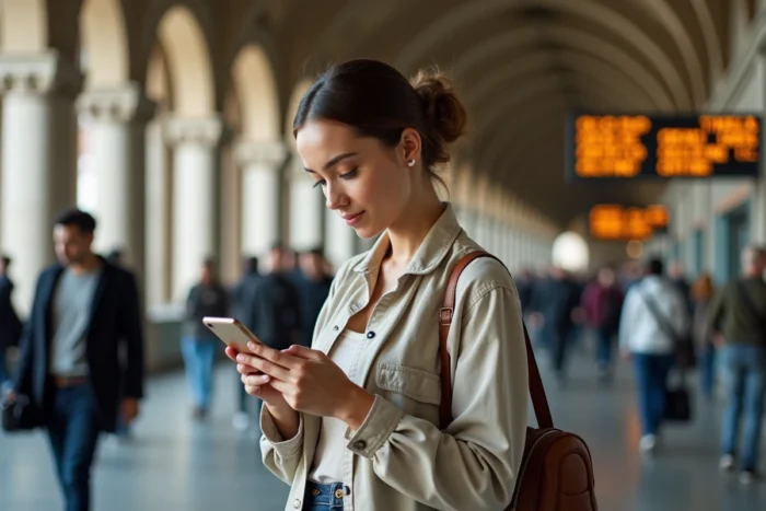 Voyageuse utilisant une application de traduction instantanée sur smartphone dans une gare internationale animée