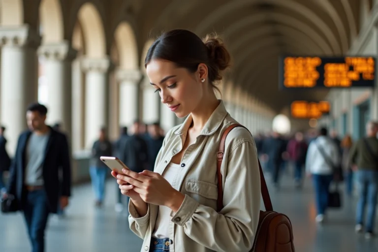 Voyageuse utilisant une application de traduction instantanée sur smartphone dans une gare internationale animée