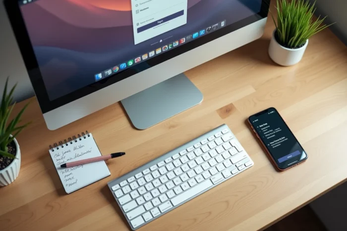 Vue aérienne d'un bureau avec écran affichant la page de connexion Neuf Mail et accessoires de travail