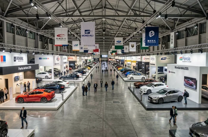 Vue panoramique de l'intérieur du Mondial de l'Automobile de Paris 2026 avec les pavillons des constructeurs