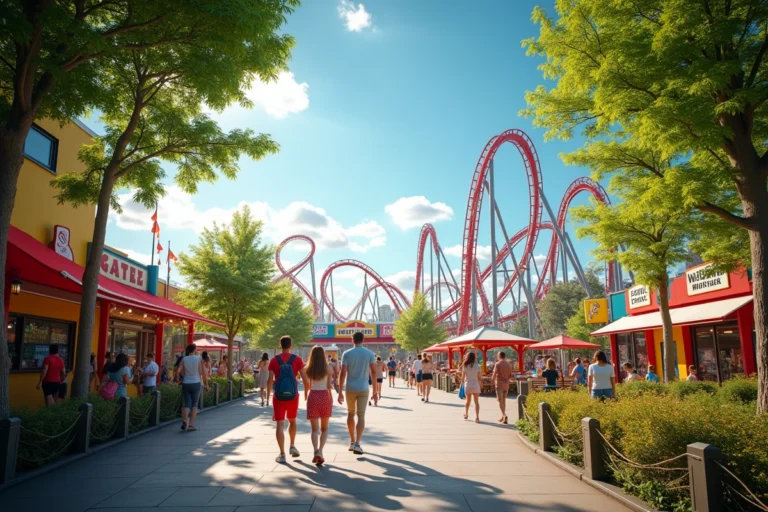 Vue panoramique du parc d'attractions Walibi Belgique avec des familles profitant des manèges et attractions par une journée ensoleillée