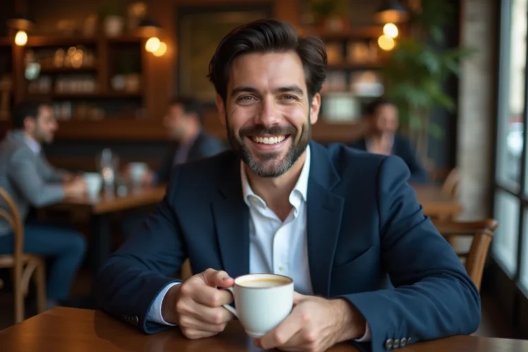 Portrait discret d'un homme souriant dans un café parisien, illustrant une vie sentimentale intime et préservée